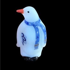 2001 Fenton Art Glass Blue Scarf Penguin Satin White 4.5" Signed Handpainted USA